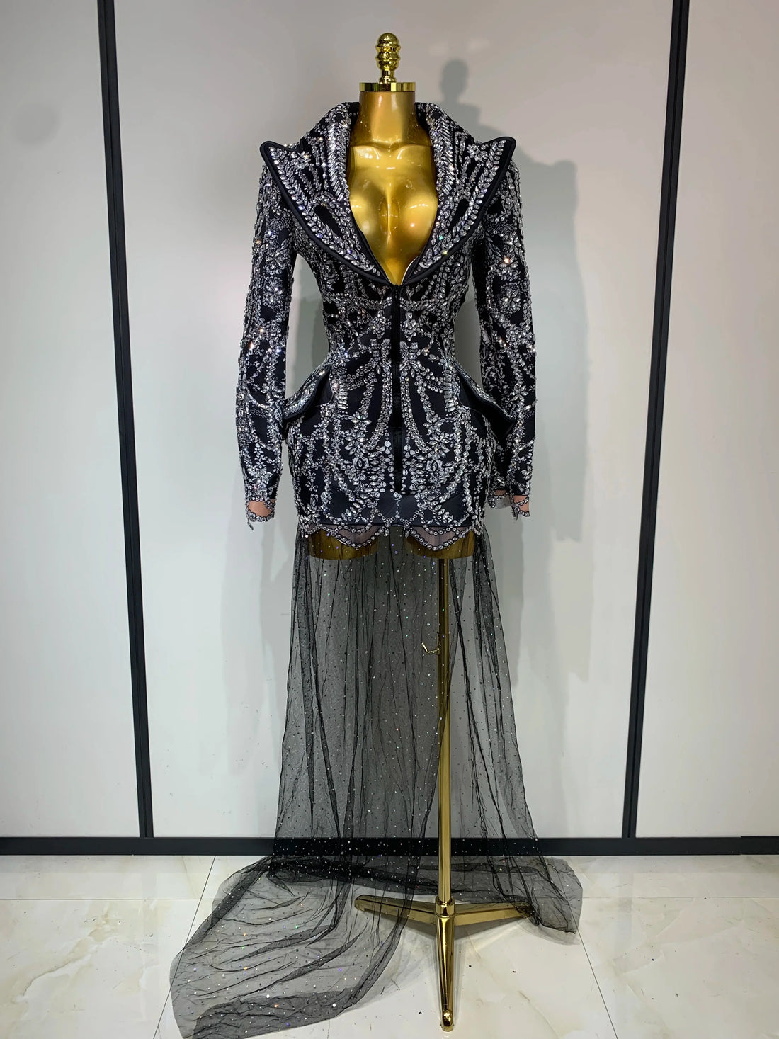 Luxury Nightclub Evening Birthday Dresses Stage Perform Outfit Sparkly Rhinestone Women's Elegant Party Sexy Dress black