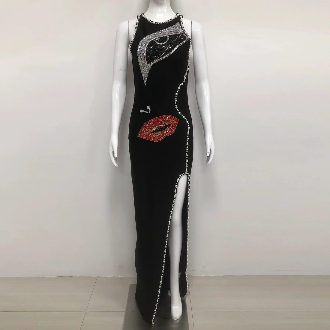 Big Eyes And Red Lips Patterned Diamonds High Slit Black Long Dress Woman Birthday Party Vestido Celebrity Party Outfit