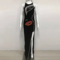 Big Eyes And Red Lips Patterned Diamonds High Slit Black Long Dress Woman Birthday Party Vestido Celebrity Party Outfit