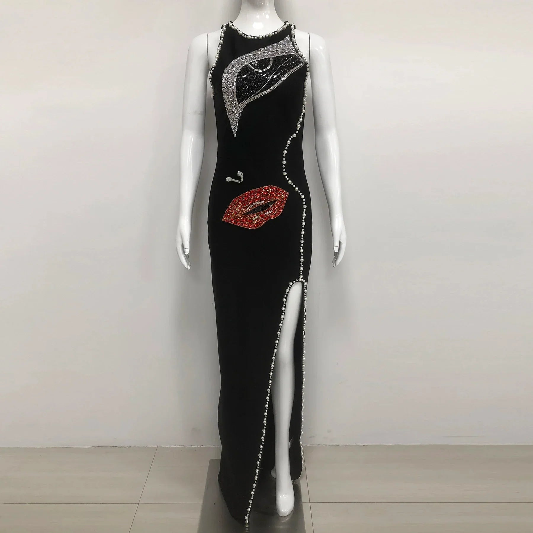 Big Eyes And Red Lips Patterned Diamonds High Slit Black Long Dress Woman Birthday Party Vestido Celebrity Party Outfit