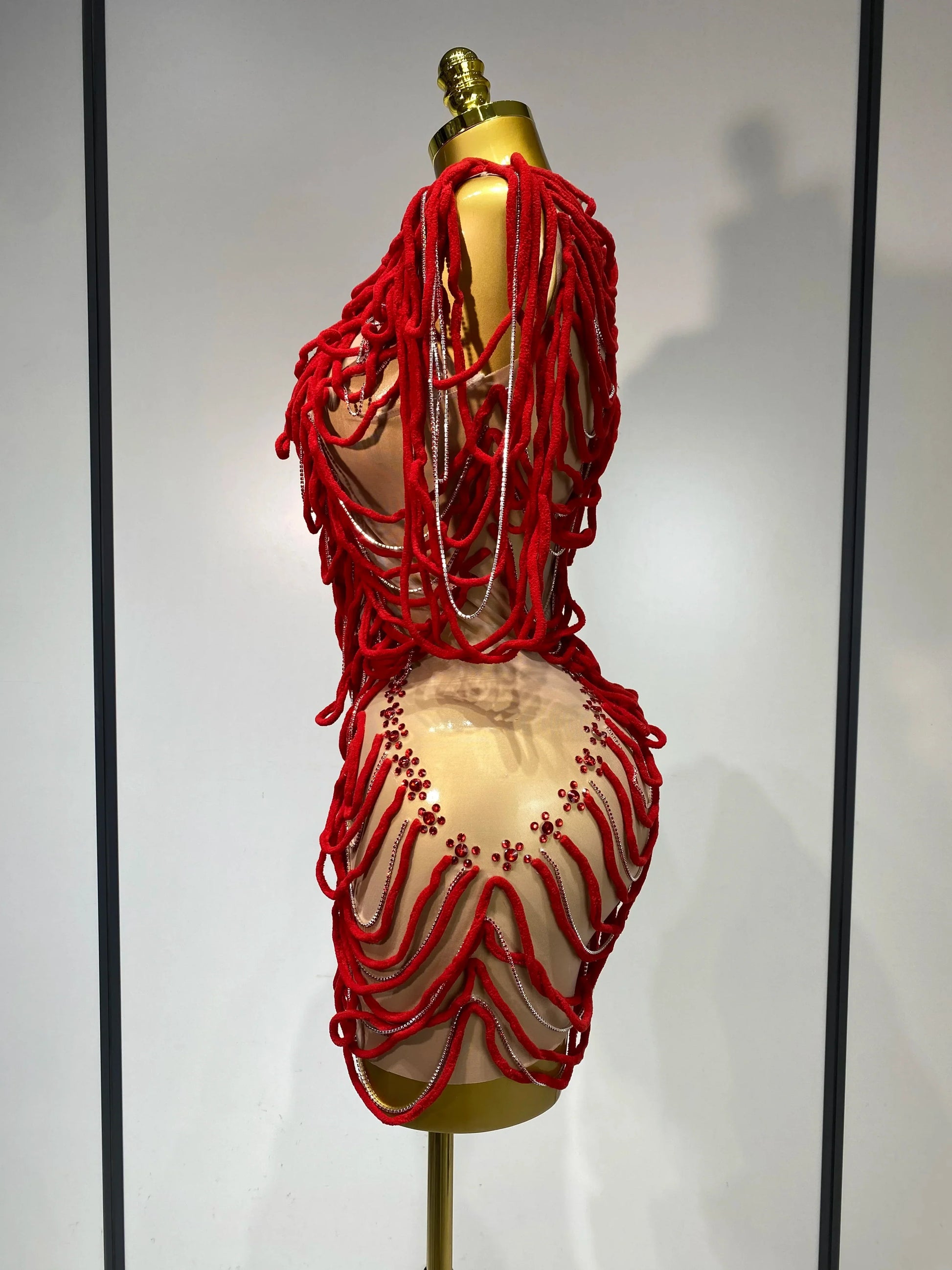 Women Mesh Elastic Sexy Tight Fitting Sparkly Diamond Chain Short Dress Nightclub Luxury Birthday Stage Performance Costumes