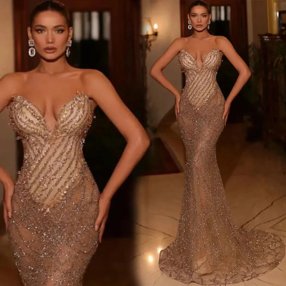 Sexy Custom Mermaid Evening Dresses Strapless Floor-Length Sweep Train Beaded Crystal Applique Lace Sequined long Backless Ivory 14W