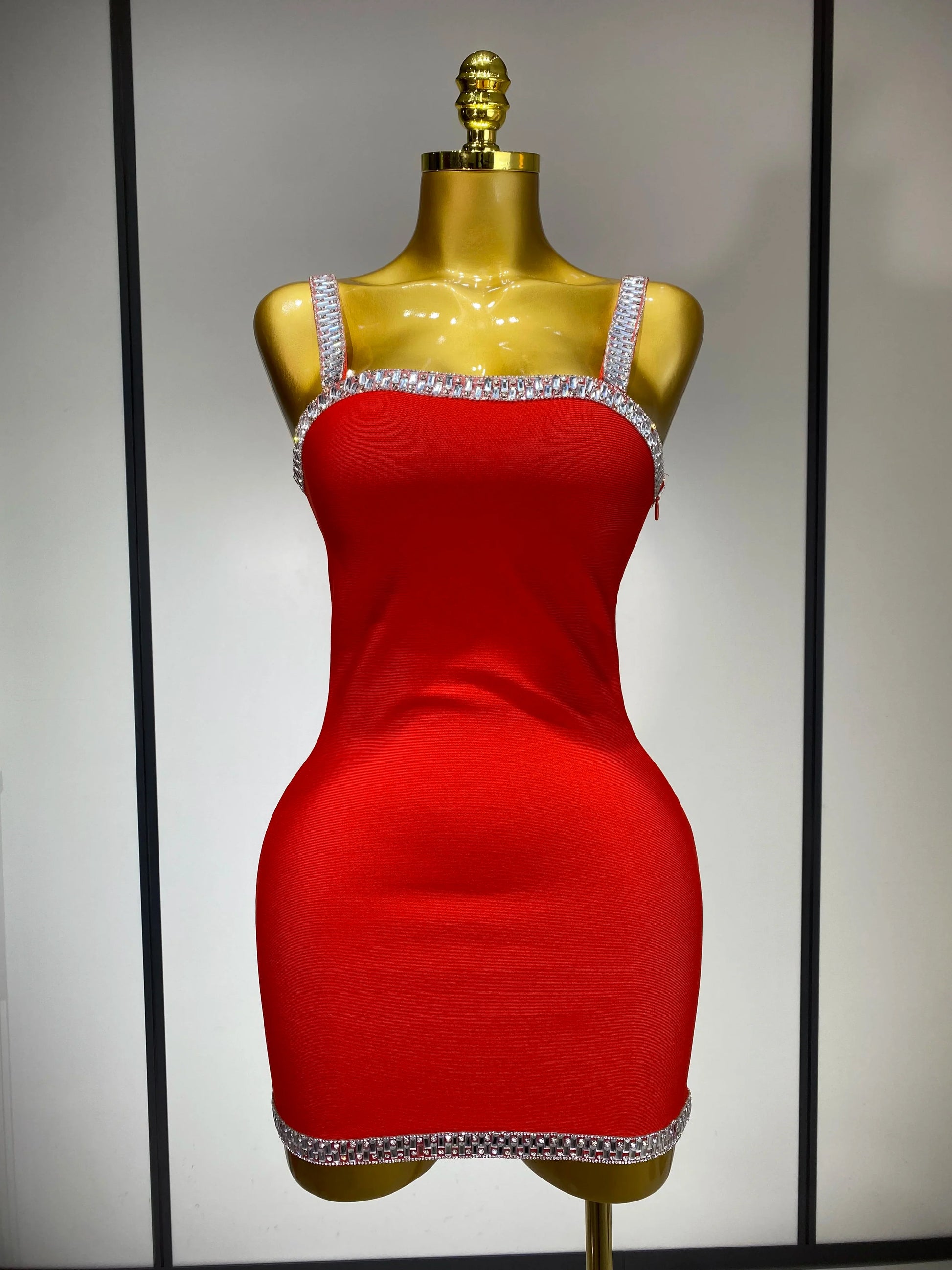 Women Sexy Black Red Sparkly Mini Bodycon Bandage Dress Sleeveless Luxury Diamonds Elegant Evening Club Party Birthday Dress Red