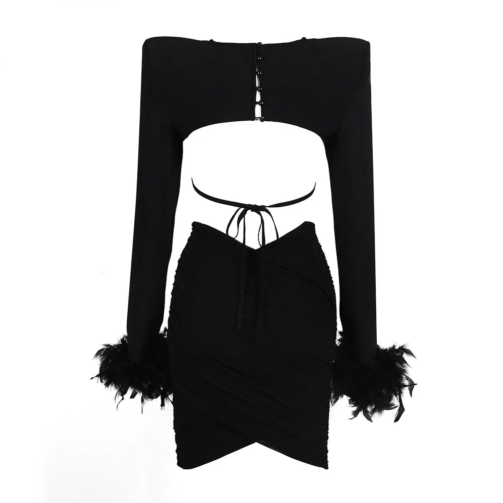 Fashion Pad Shoulder Feathers Cuff Short Corp Top And Mini Skirt 2 Piece Set Birthday Party Vestido Club Party Outfit