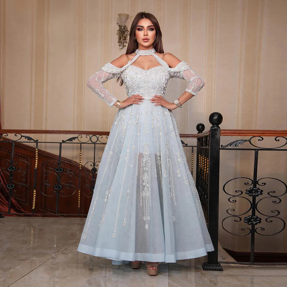 Luxury Dubai Light Blue Evening Dress for Women Wedding Elegant Off Shoulder Beaded Arabic Formal Party Gowns