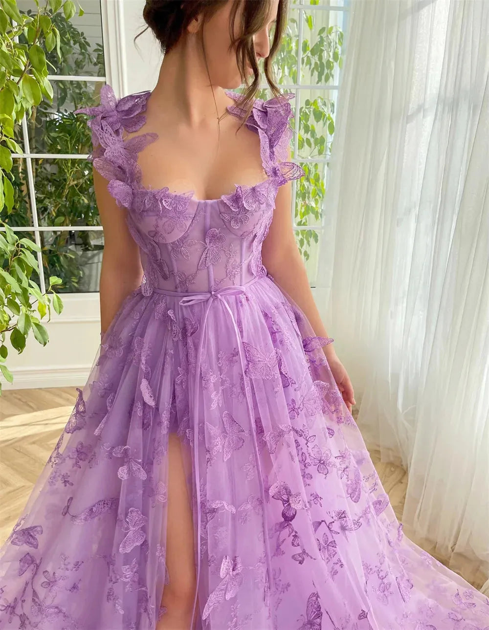 Purple Sleeveless Asymmetrical Prom Dress Lace Embroidery Tulle Fabric Floor-Length as pic 1
