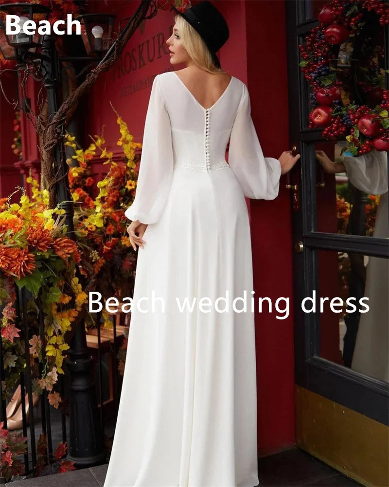 Modest V-Neck A-Line Wedding Dresses Long Puff Sleeves Chiffon Bridal Gowns Robe De Mariee