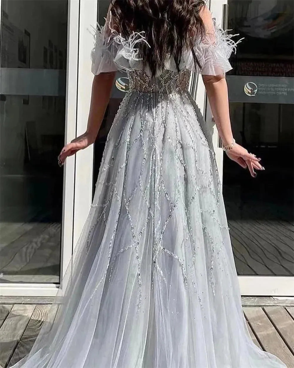 Silver Off shoulder A-Line Prom Dress Sequins Chains فساتين مناسبة رسمية Sweetheart V-neck Vestidos De Noche as pic