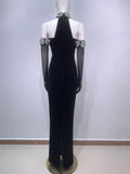 Sexy Women's Heavy Industry Diamond Adorned Velvet Dress with Hanging Neck Shoulder Bodycon Transparent Gaul Gloves+Dresses