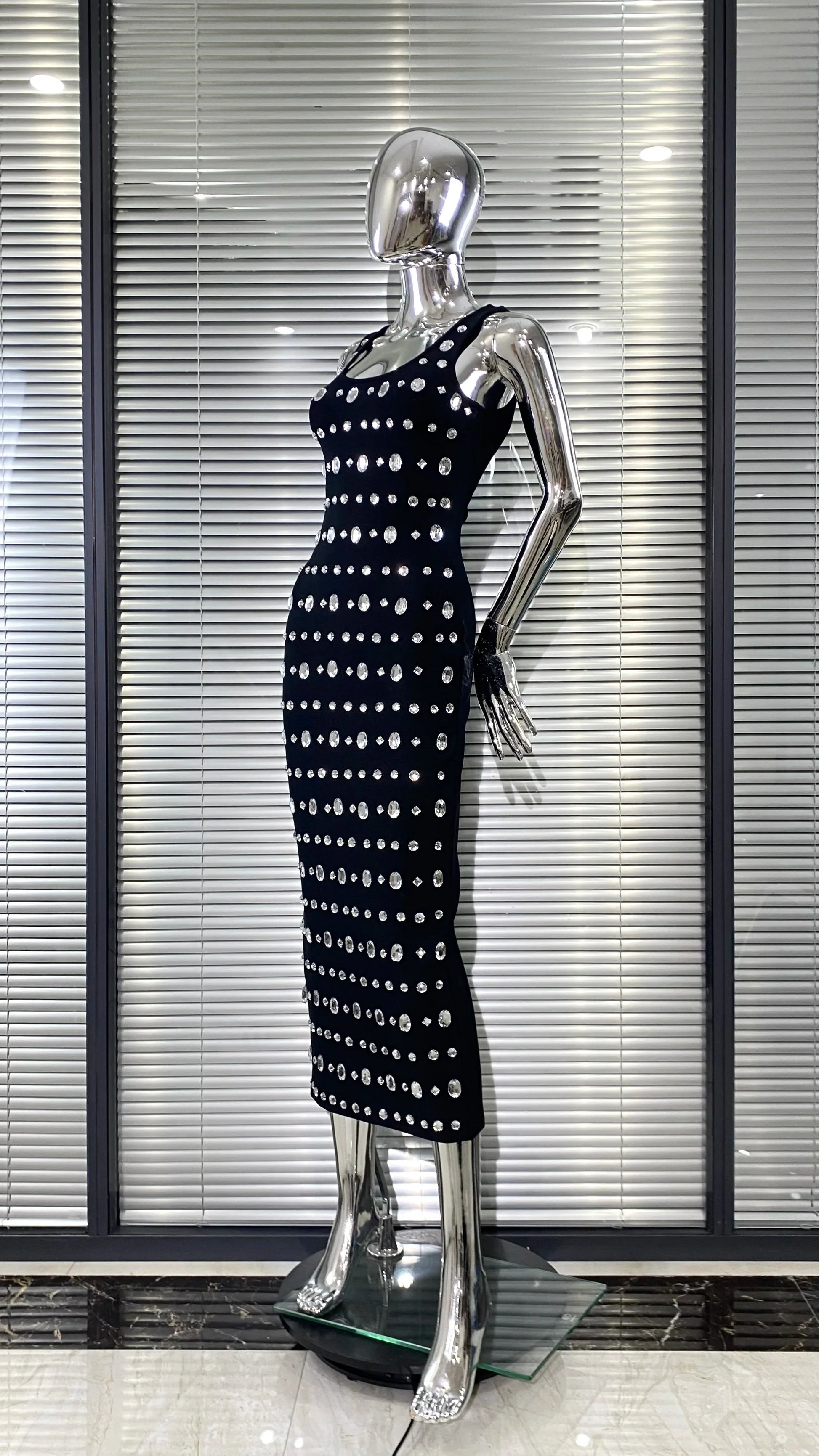 Sparkling Diamonds Sleeveless Package Black Bandage Ankle Length Dress Woman evening Party Dress Celebrity Birthday Party Outfit