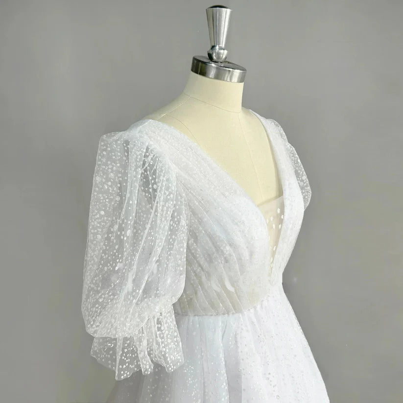 Mini robe de mariée courte en Tulle scintillant, manches bouffantes, col en V, dos nu, au-dessus du genou, robe de mariée brillante