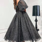 Sparkly Evening Dresses Bling Off Shoulder Puffy Half Sleeves V Neckline Black Illusion Tea Length Formal Party Prom Gowns