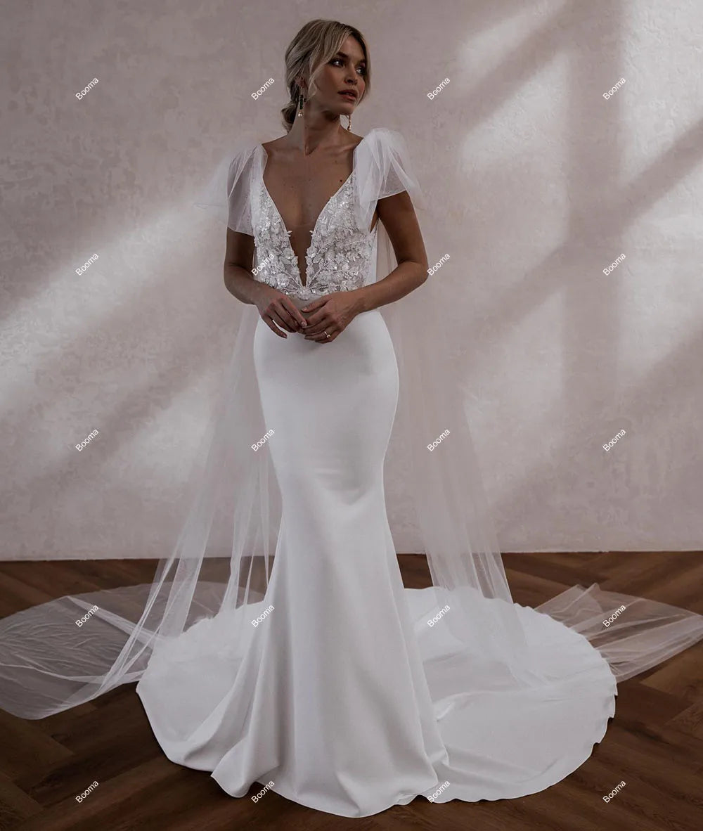 Gaun Perkahwinan Mermaid V-Neck Tali Satin Gaun Pengantin Elegant Buka Pakaian Pengantin Balik Untuk Wanita Vestidos de Novia