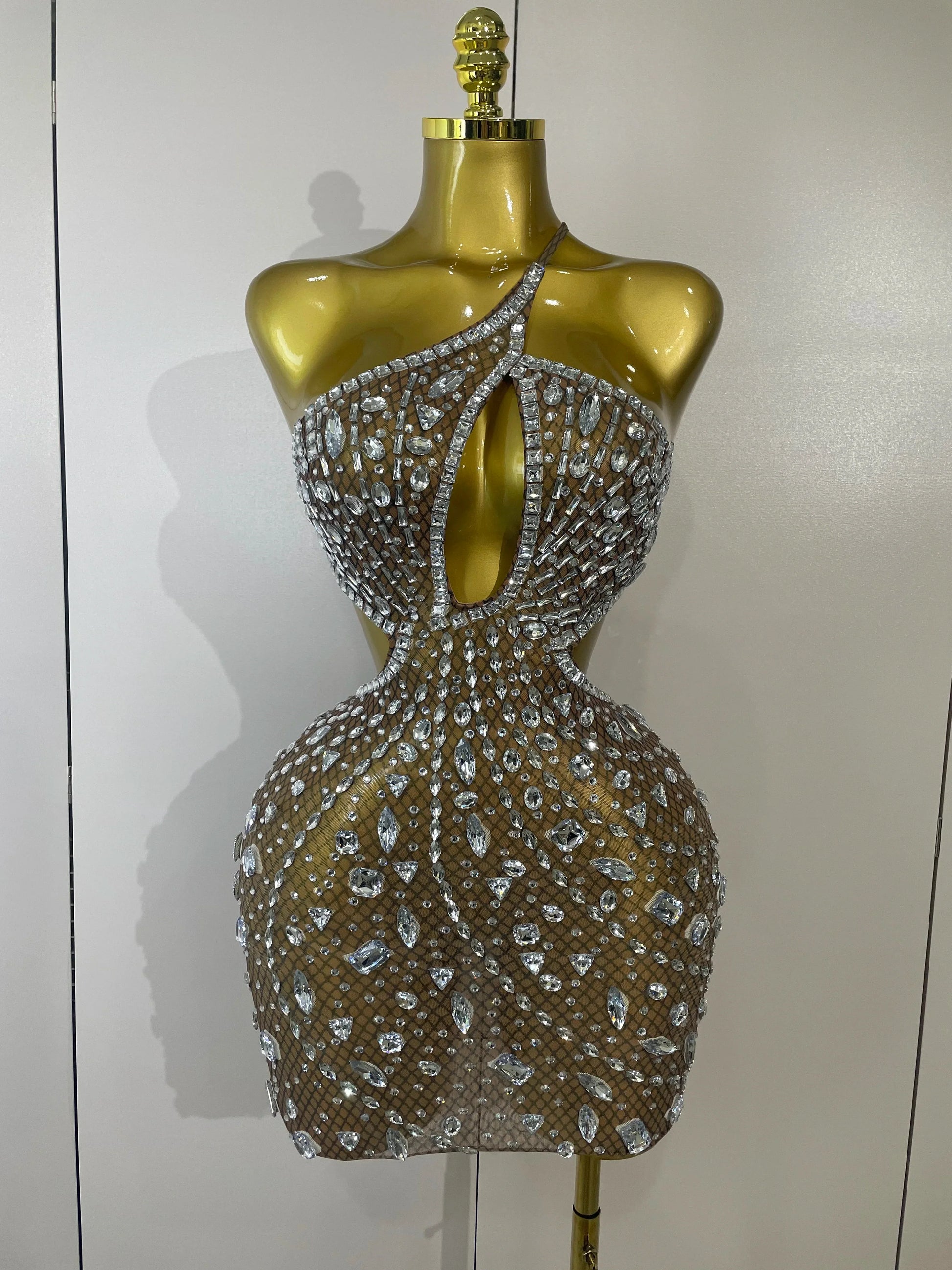 Women Sparkly Big Crystal Sexy Off the Shoulder Mesh See Through Mini Dress Nightclub Party Celebrate Birthday Dress Dark Brown