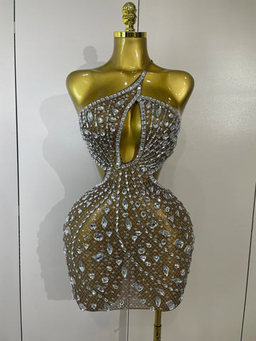 Women Sparkly Big Crystal Sexy Off the Shoulder Mesh See Through Mini Dress Nightclub Party Celebrate Birthday Dress Dark Brown
