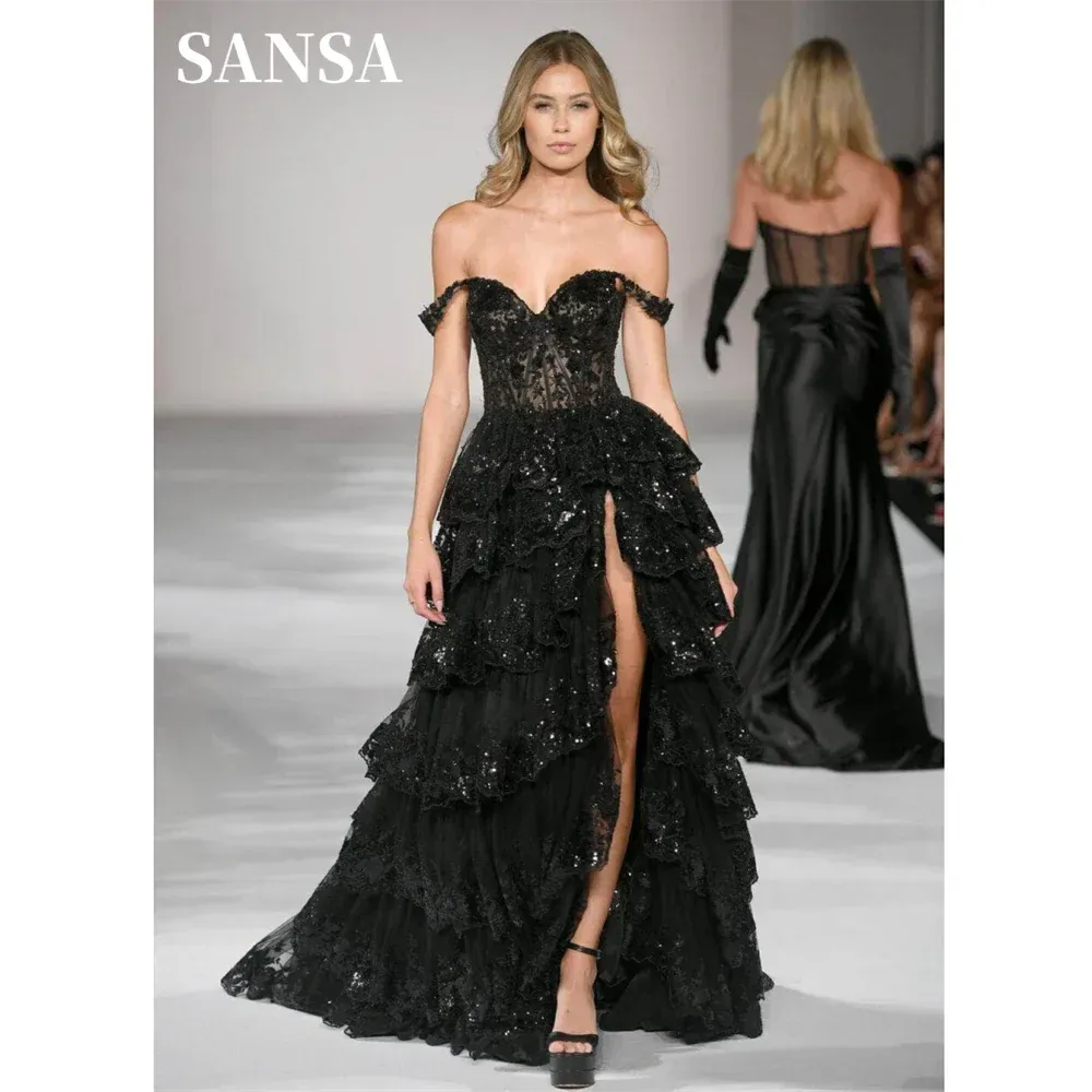 Luxury Glitter Lace Prom Dress Black Embroidery Lace Vestidos De Noche Sexy Off Shoulder Edge Curl فساتين سهره فاخره