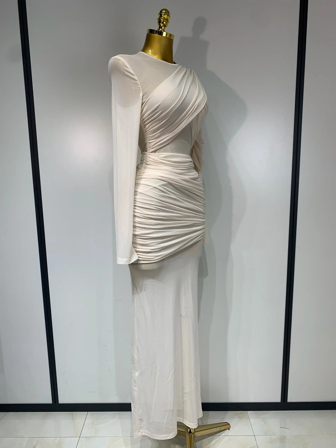 Elegant Mesh Fold Long Sleeve Bodycon Dress Women Evening Party Club Sexy Perspective Fashion Luxury Birthday Dresses Beige