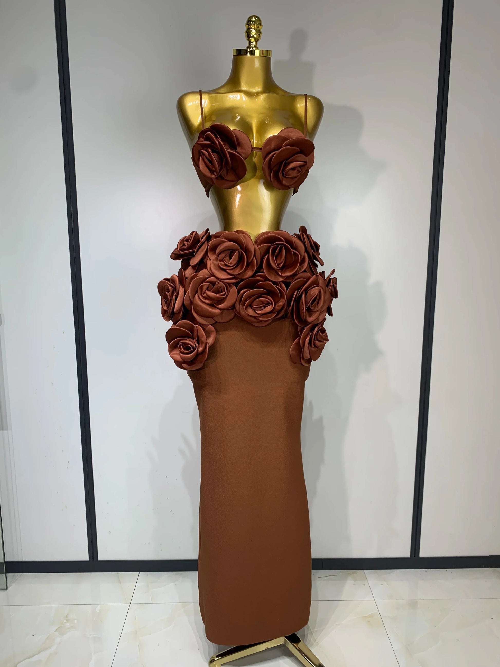 Women Sexy Camisole Floral Bandage Long Skirts Two Piece Set Celebrity Elegant Party Cocktail Prom Gown Nightclub Outfit Dark Brown