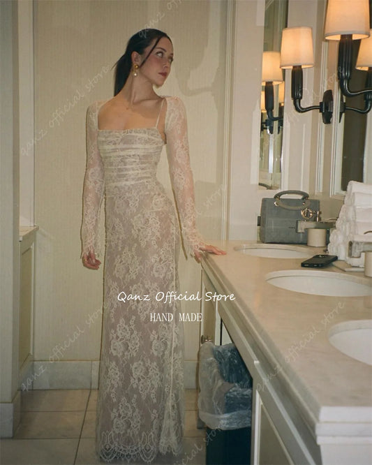 Qanz Lace Lace Wedding Dresses Tulle Mermaid Appliques Robes De Mariée Lengan Panjang Spaghetti Tali Vestido de Novia