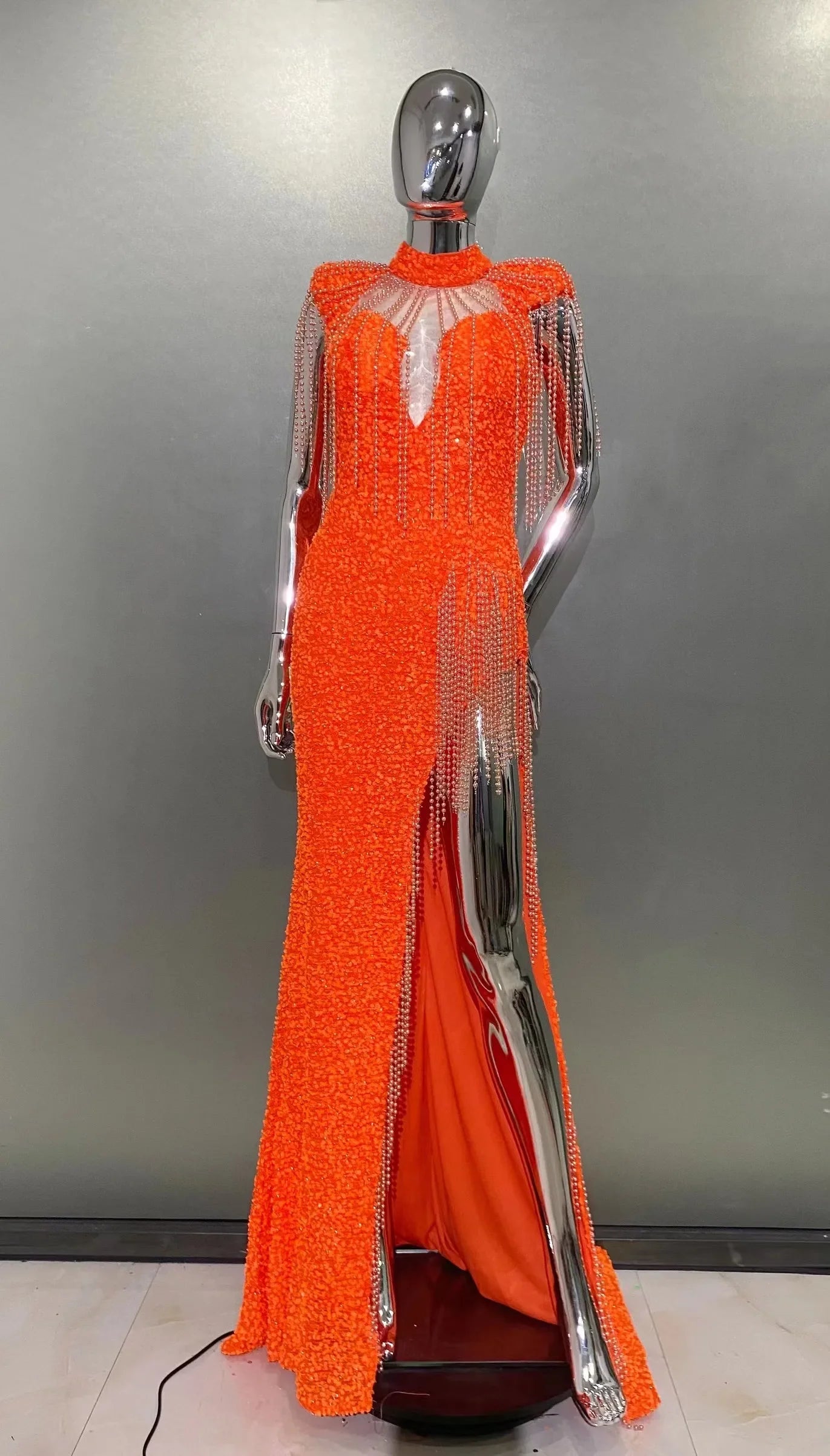 Orange Sequins Bead Tassel Hollow Out High Slit Floor Lenght Dress Woman Birthday Party Dress Stage Performance Cos
