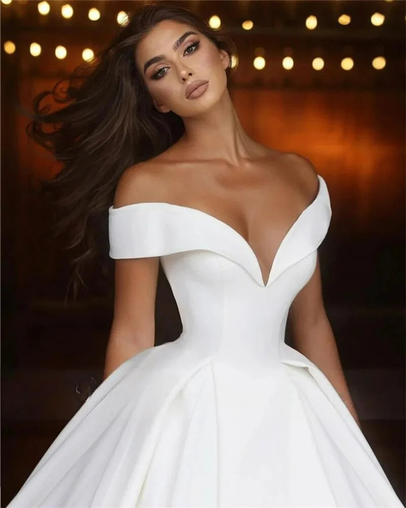 Gorgeous A Line Wedding Dresses For Woman Off The Shoulder V Neck Satin Formal Princess Fashion Bride Gowns Vestidos De Novia