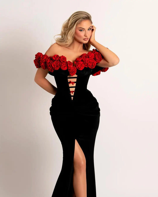 Preciosos Vestidos de graduación de terciopelo negro con flores rosas en 3D, elegante vestido de noche Formal largo Floral con abertura frontal, Vestidos de fiesta