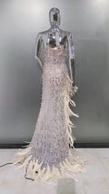 Gorgeous Feathers Beading Sequins High Slit Strapless Floor Length Dress Woman Birthday Party Vestido Stage Performance Costume