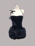 Sweet Women Set Sexy Strapless Laced-up Tops Florlas Bodycon Mini Velvet Skirt 2 Piece Celebrate Birthday Party Dress black