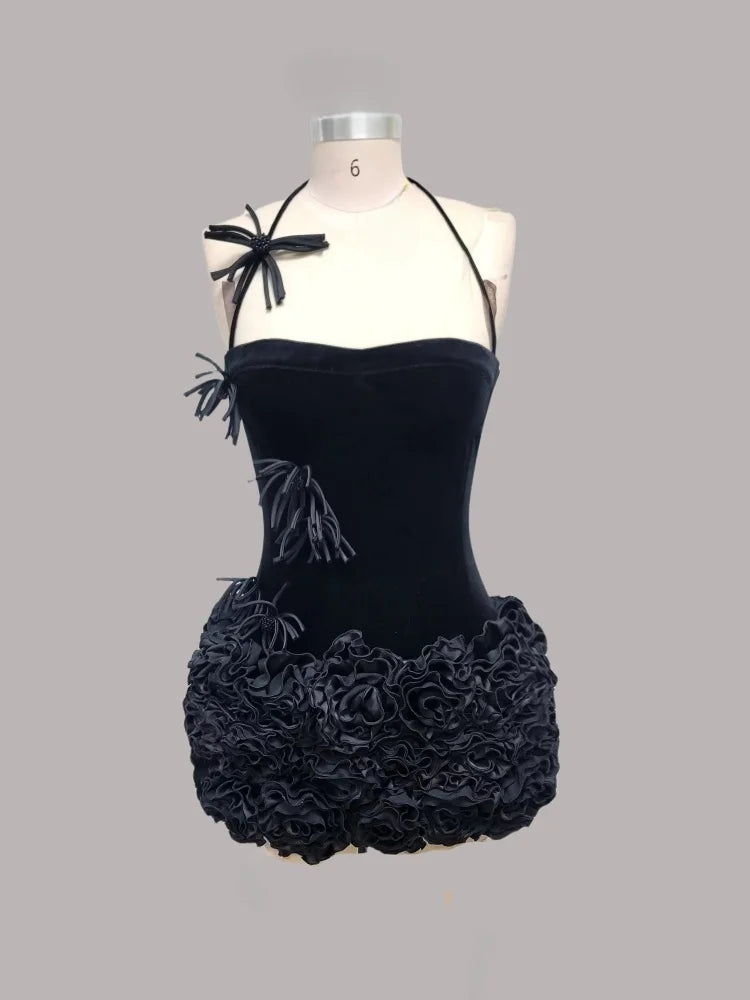 Sweet Women Set Sexy Strapless Laced-up Tops Florlas Bodycon Mini Velvet Skirt 2 Piece Celebrate Birthday Party Dress black