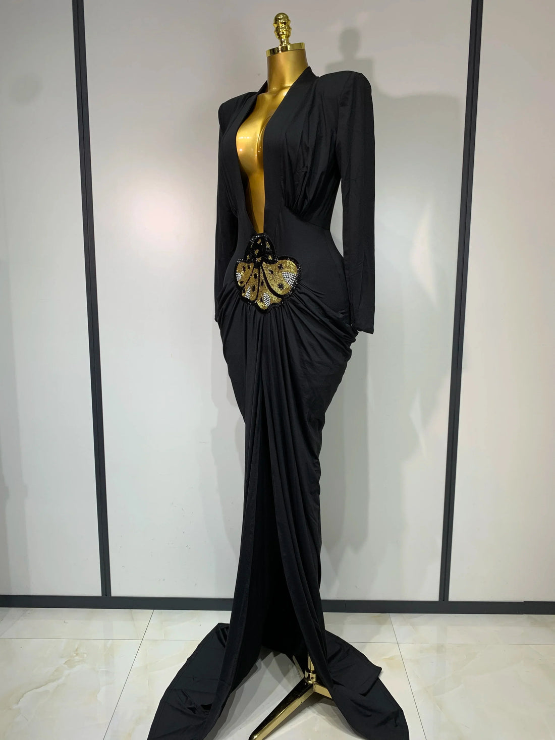 Women Sexy Deep V-Neck Bead Long Sleeved Bodycon Prom Gowns Elegant Celebrity Evening Maxi Dress Luxury Birthday Dress Wedding black