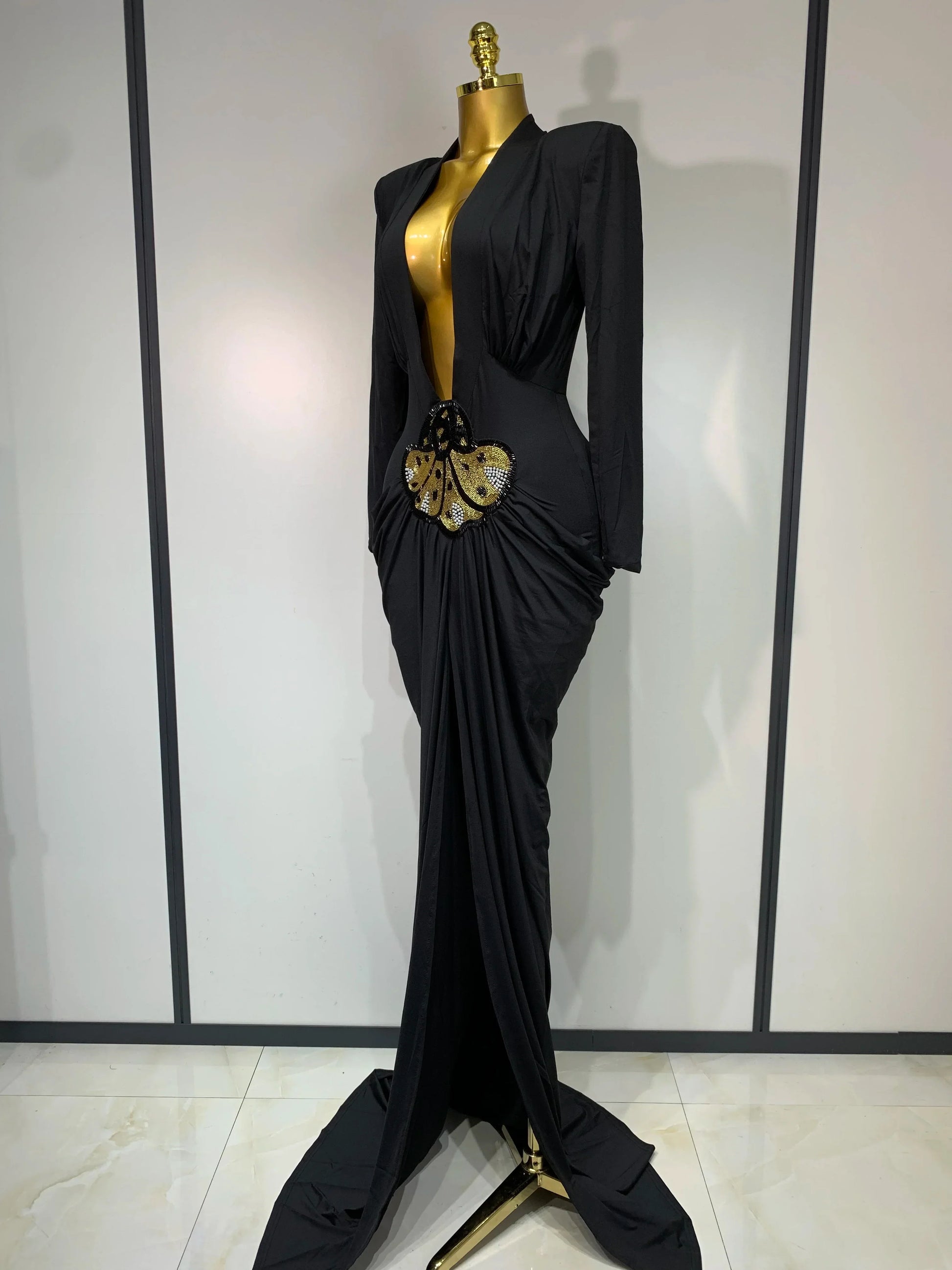 Women Sexy Deep V-Neck Bead Long Sleeved Bodycon Prom Gowns Elegant Celebrity Evening Maxi Dress Luxury Birthday Dress Wedding