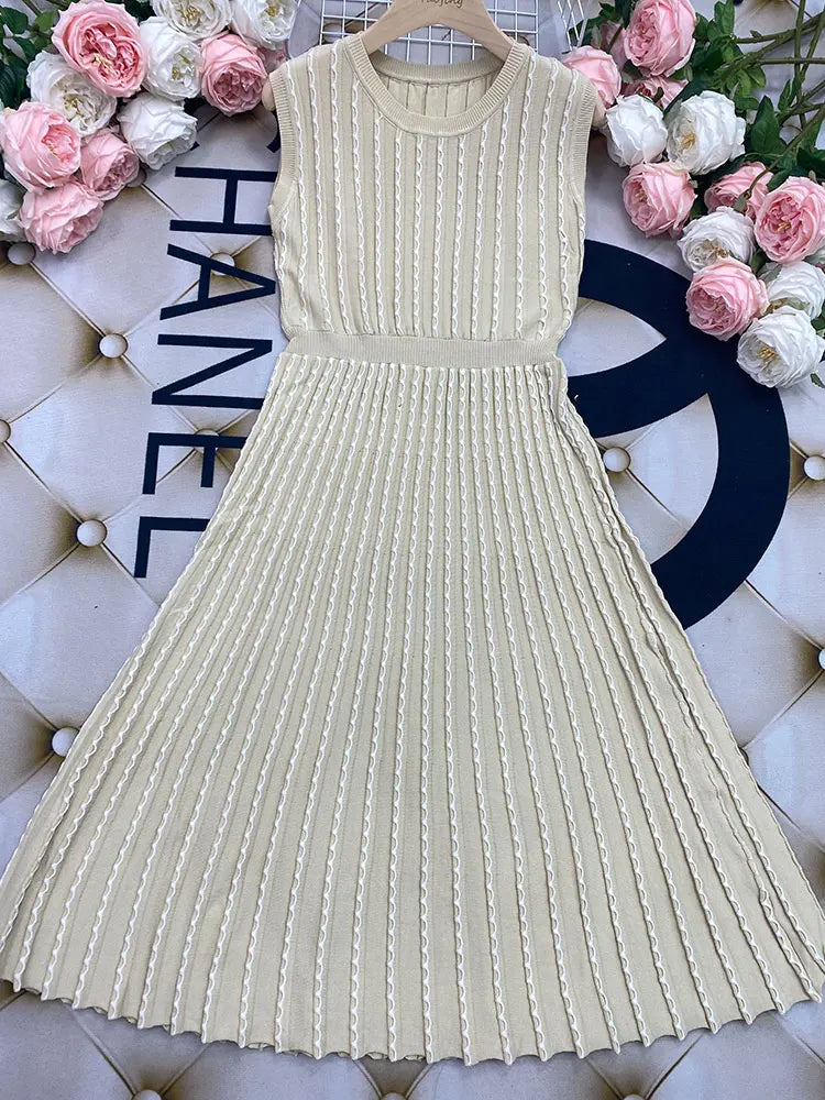Listing Elegant Striped Knit Dress Women O-neck Sleeveless A-line Dresses Club Evening Party Midi Vestido apricot