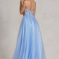 Sky Blue Evening Dresses Beaded Lace Applique Glitters Tulle Sparkly V-neck Long  Formal Party Special Occasion Prom Gowns