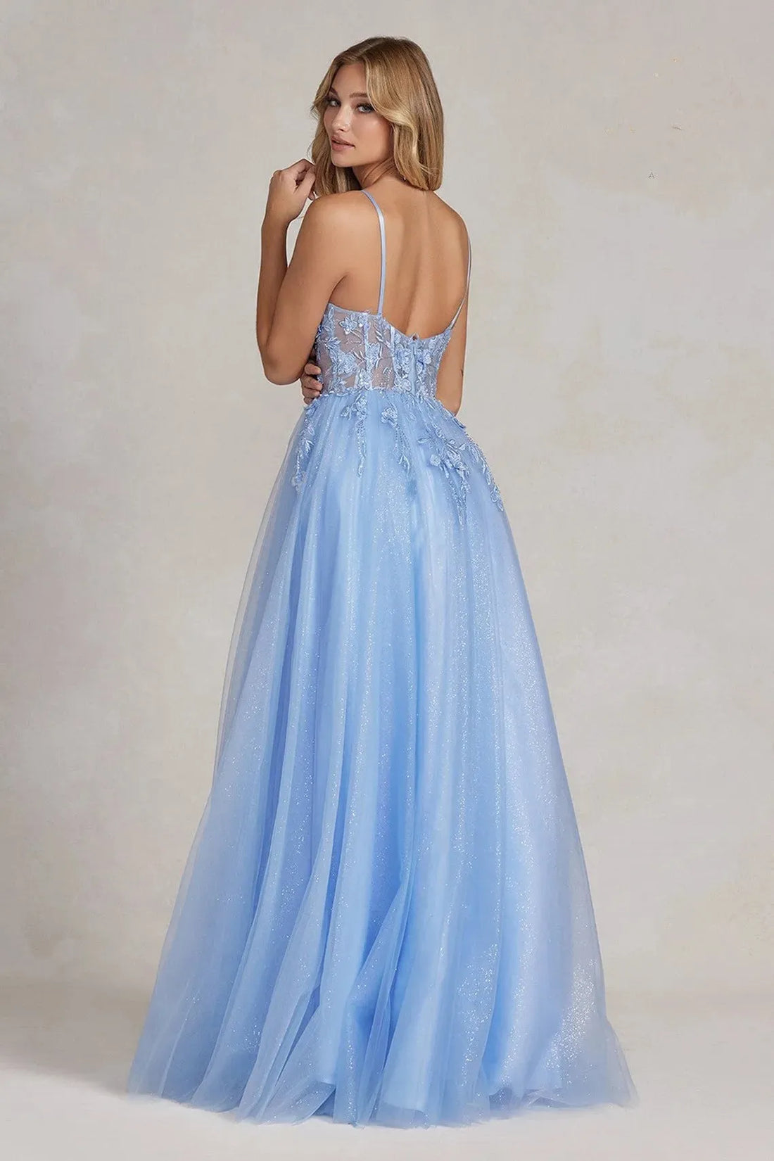 Sky Blue Evening Dresses Beaded Lace Applique Glitters Tulle Sparkly V-neck Long Formal Party Special Occasion Prom Gowns