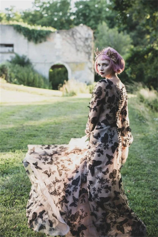 Vestido de fiesta de tul con bordado de encaje, manga larga, línea A, Sexy, con cuello en V, vestido de novia elegante de lujo