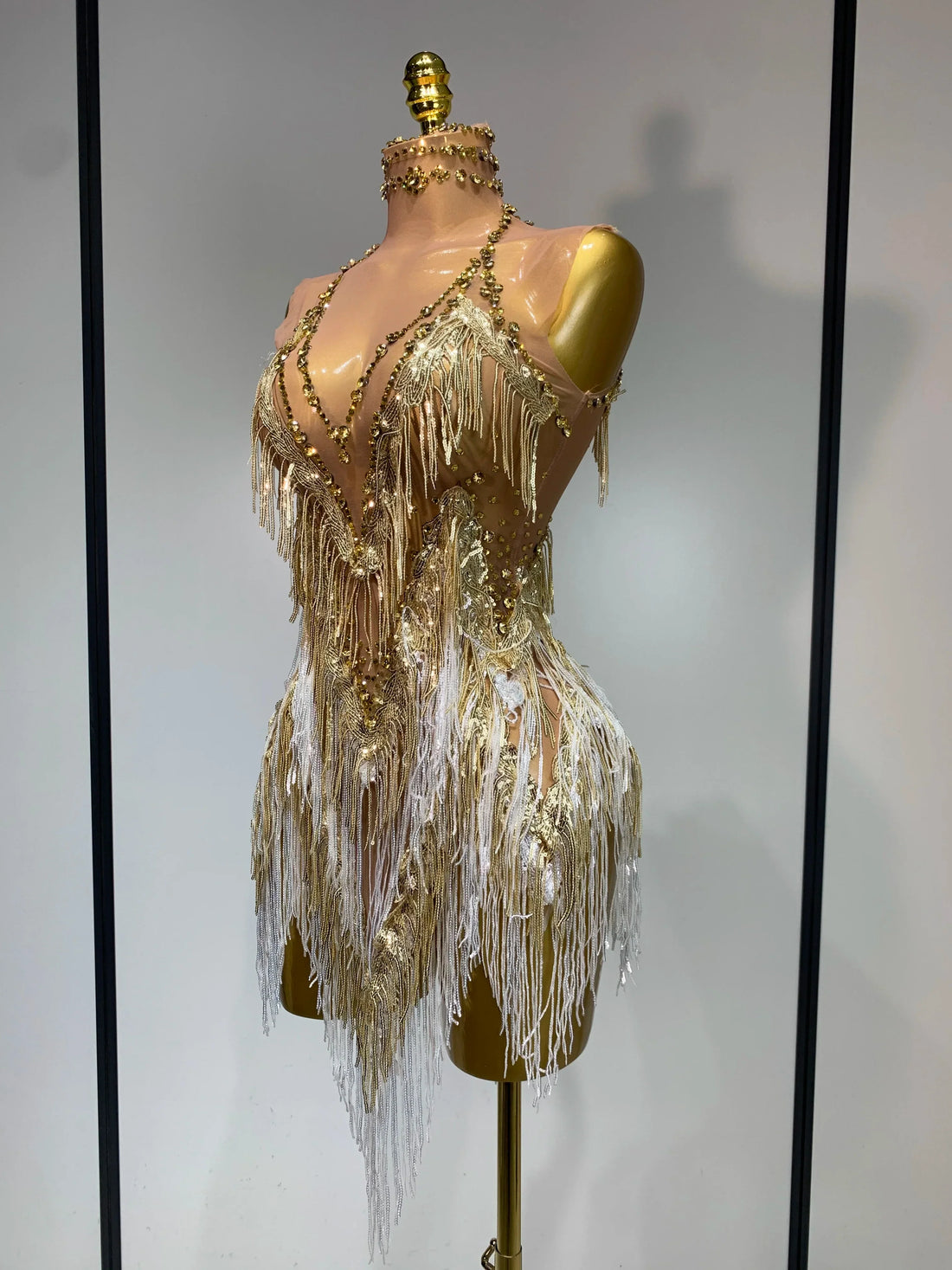 Luxury Birthday Dress Rhinestone Tassel Sexy Women Short Latino Dance Dress Nightclub Bar Sparkly Performance Stage Outfit Gold