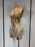 Luxury Birthday Dress Rhinestone Tassel Sexy Women Short Latino Dance Dress Nightclub Bar Sparkly Performance Stage Outfit