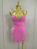 Sexy Backless Spaghetti Strap Black Sleeveless Bodycon Bandage Dress Women Elegant Prom Gown Club Evening Party Birthday Dresses Pink