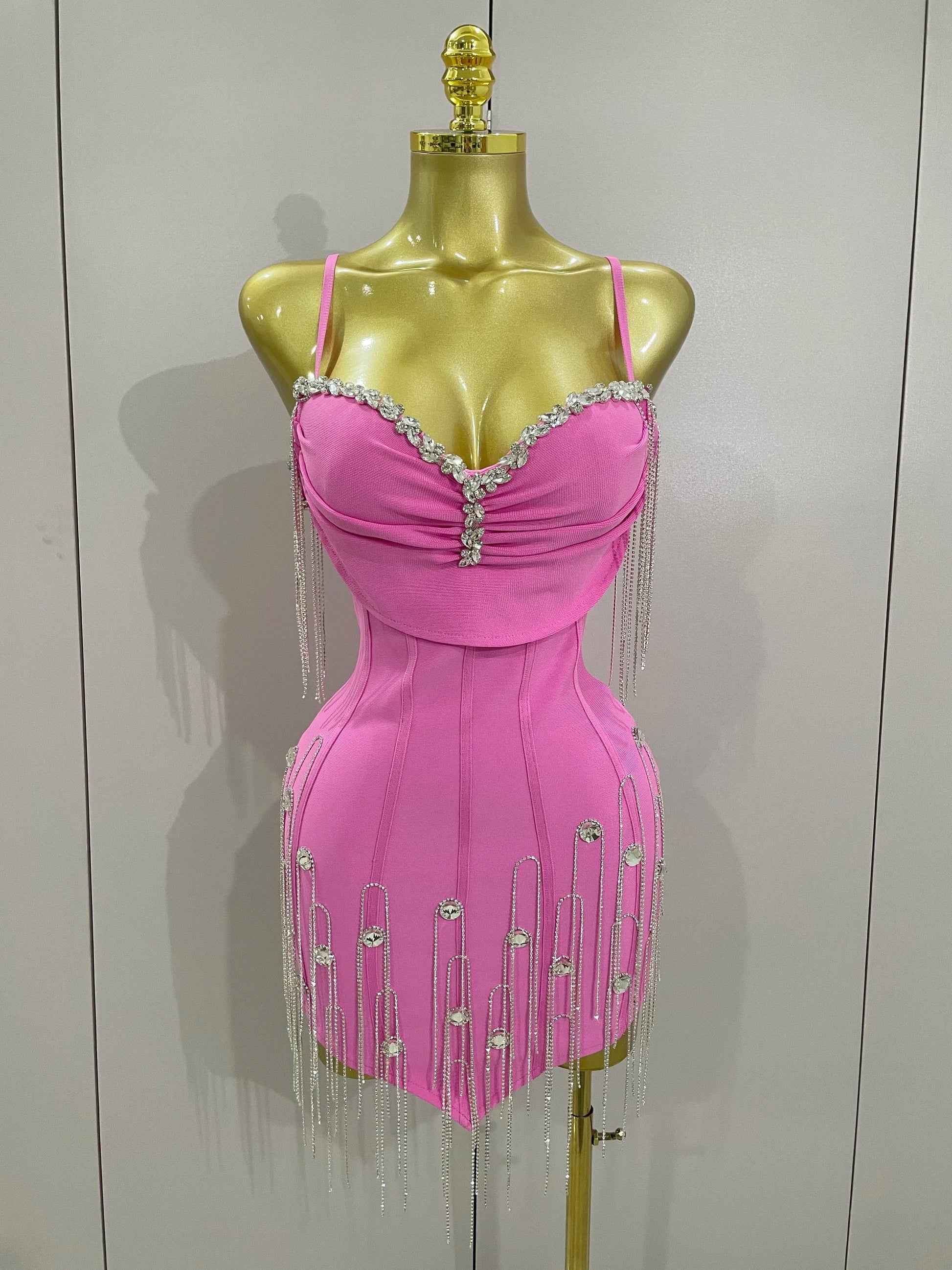 Sexy Backless Spaghetti Strap Black Sleeveless Bodycon Bandage Dress Women Elegant Prom Gown Club Evening Party Birthday Dresses Pink