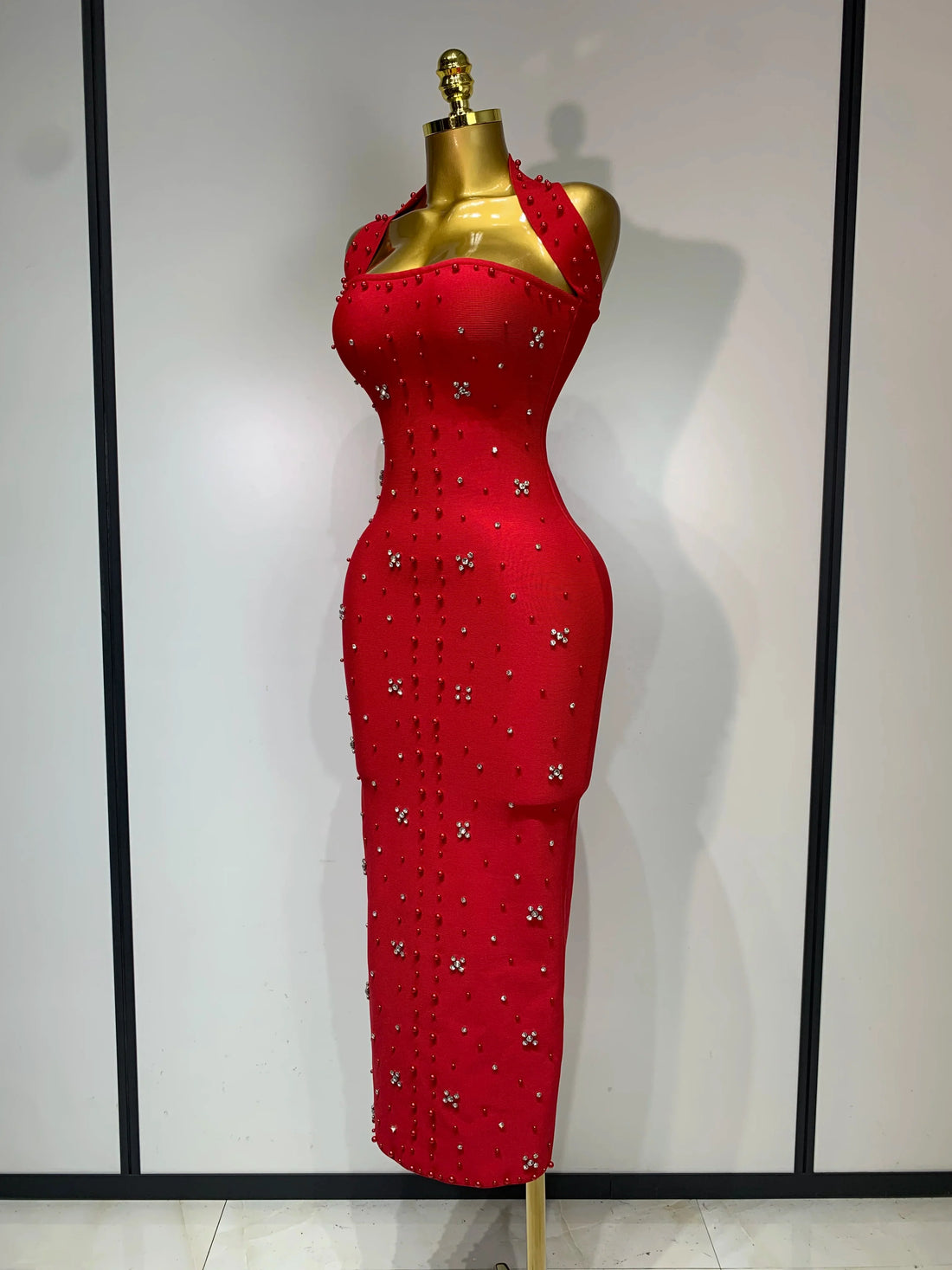 Women Sexy Halter Backless Shiny Rhinestone Pearl Bodycon Bandage Dress Celebirty Elegant Evening Party Luxury Birthday Dress Red
