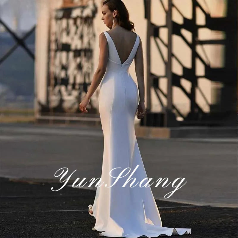 Yunshang-Vestidos De Novia sencillos De sirena para mujer, espalda abierta, cuello en V, tirantes finos, vestido De Novia De satén, tren De barrido