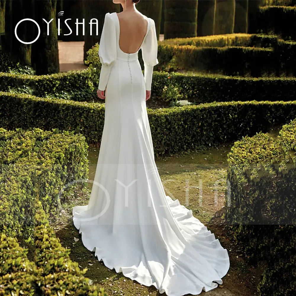 Oyisha abiti da sposa in raso elegante sweep treno sirena manica lunga scollo a V sexy con abito da sposa da sposa spinto senza schienale