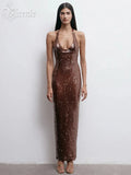 Gorgeous Sexy Brown Sequin Halter Backless Sleeveless V-Neck Dress Party Summer Evening Gown