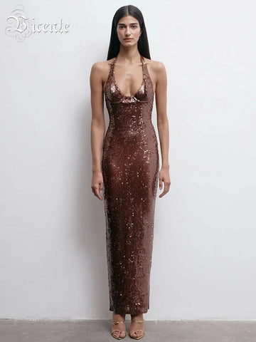 Gorgeous Sexy Brown Sequin Halter Backless Sleeveless V-Neck Dress Party Summer Evening Gown