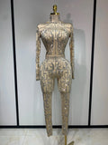 Shining Rhinestones Jumpsuits for Women Sexy Stretch Dance Jumpsuit Birthday Party Nightclub Stage Wear Drag Queen Costumes Beige
