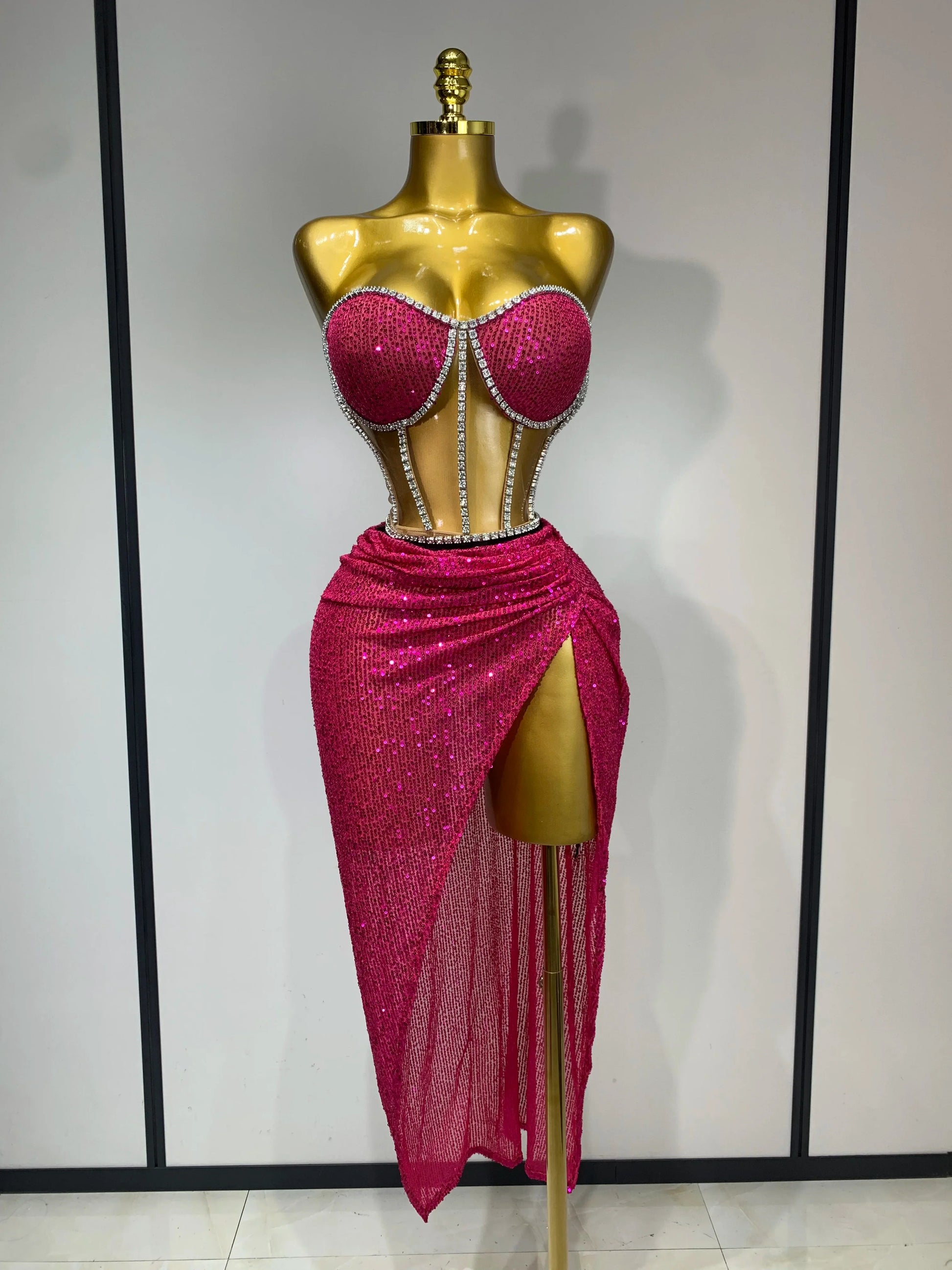 Women Sparkly Rhinestones Sequins Sexy Mesh Two Piece Set Evening Birthday Party Dress Nightclub Stage Performance Costumes Rose Red