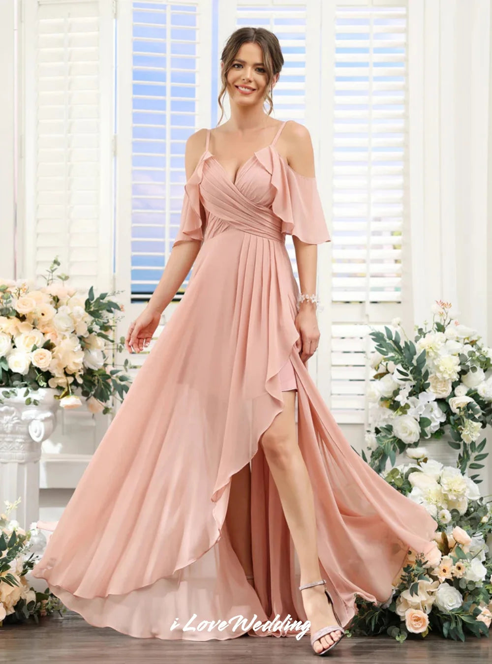Pink Spaghetti-Strap Bridesmaid Dresses Chiffon V-Neck Ruffles A-Line Split Floor-Length Wedding Guest Dresses Customized 152