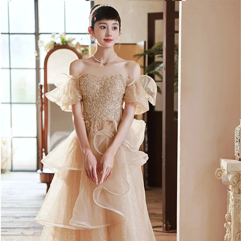 High-end Evening Gown-Strapless Prom Dress Champagne/Pink Glitter Women's Event Wear Elegant Comfortable And Breathable Dress Champagne floor 12