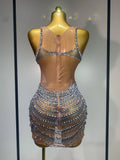 Sparkly Rhinestones Sleeveless Mini Dress Evening Birthday Celebrate Evening Party Dress Nightclub Stage Performance Costume