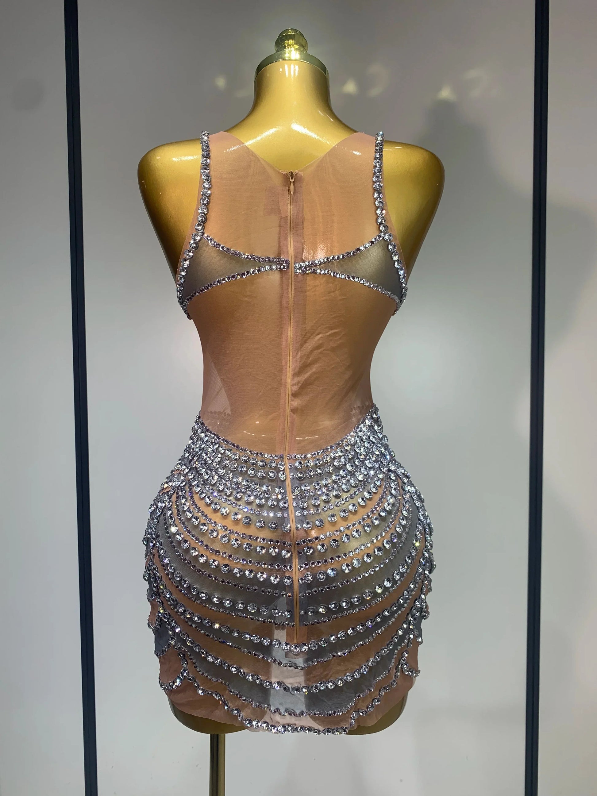 Sparkly Rhinestones Sleeveless Mini Dress Evening Birthday Celebrate Evening Party Dress Nightclub Stage Performance Costume